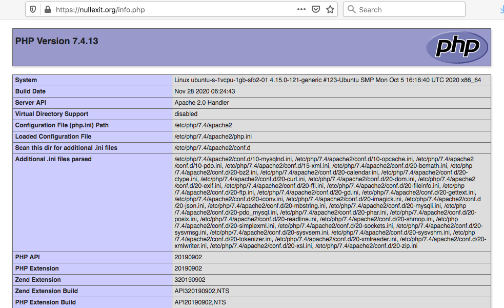 Example https://your.site.domain/info.php page indicating successful activation of updated PHP