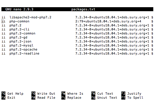 Example list of PHP core files and extensions filtered from dpkg -l output