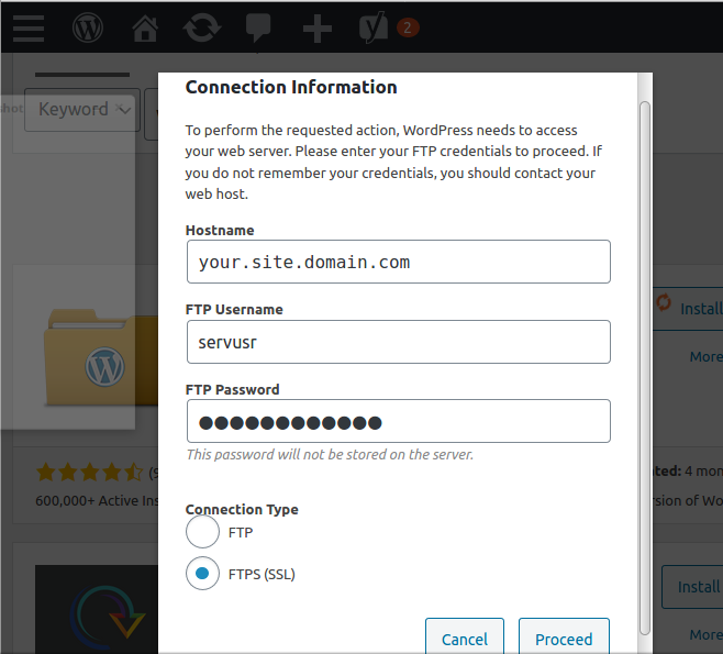 Plugin installation prompt for FTP credentials